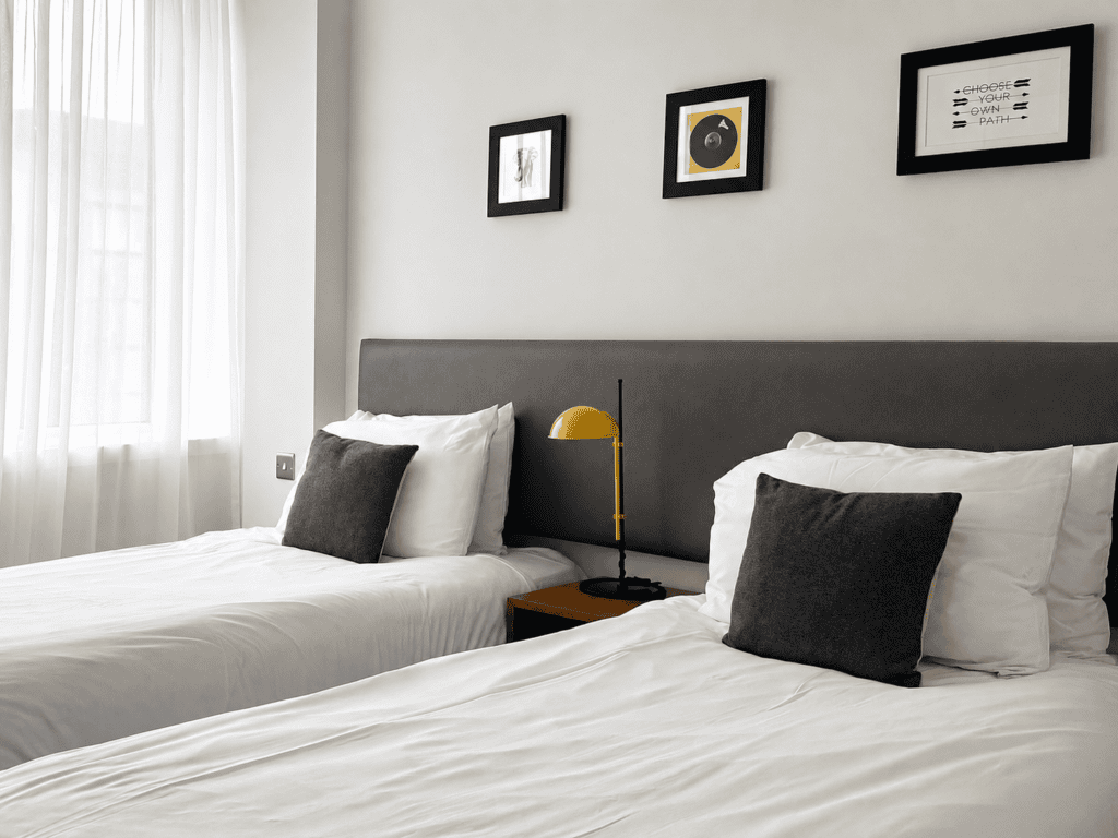 Double bedroom at Staycity Manchester Piccadilly viewed from the doorway,